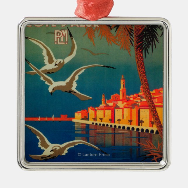Französisches Riviera-Reise-Plakat # 1 Silbernes Ornament (Vorne)
