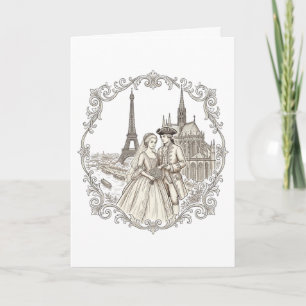 Französisches romantisches Brautpaar und Skyline v Einladung
