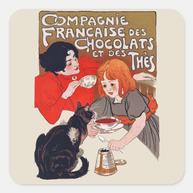 Französisches Schokolade Party Steinlen Art Quadratischer Aufkleber (Vorderseite)