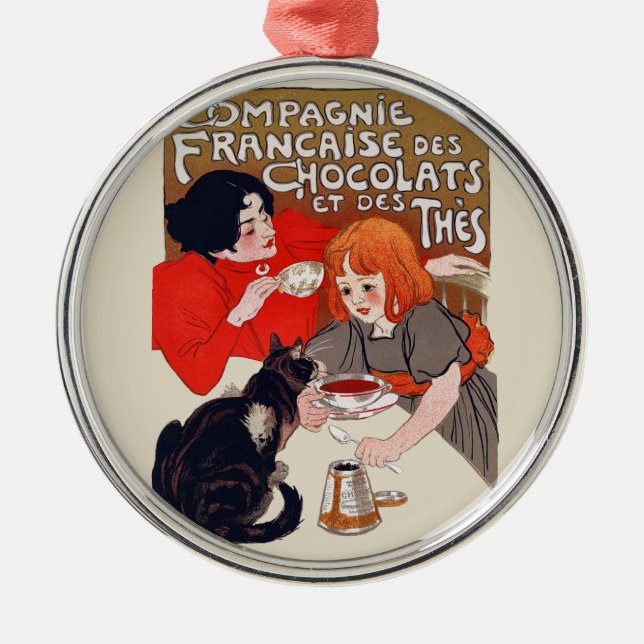 Französisches Schokolade Party Steinlen Art Silbernes Ornament (Vorne)