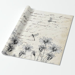 Französisches Skript Wildblumen Libelle Decoupage Geschenkpapier