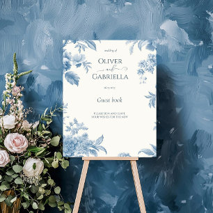 Französisches Toile Blau Florales Hochzeitsgästebu Poster