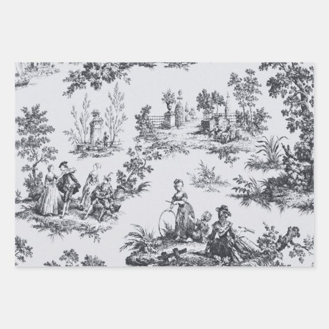 Französisches Toile de joues Schwarz-Weiß-Deco Geschenkpapier Set (Vorderseite)