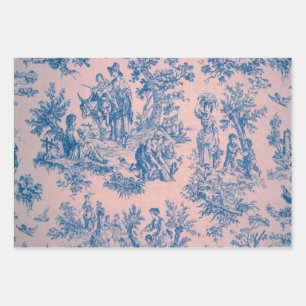Französisches Toile de jouy blau und rosa Decodipa Geschenkpapier Set