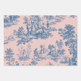 Französisches Toile de jouy blau und rosa Decodipa Geschenkpapier Set