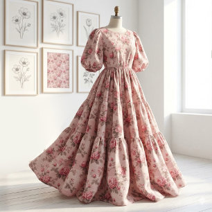 Französisches Toile de Jouy Rosa Blumen Rococo Ros Stoff