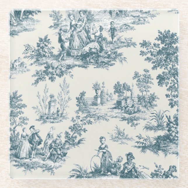 Französisches Toile de jouy sage grün elegant Glasuntersetzer (Vorderseite)