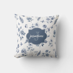 Französisches Toile-Monogramm-Name-Wasserfarben-Bl Kissen