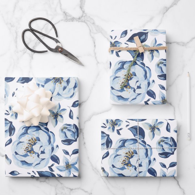 Französisches Vintages blaues Blumenmuster Geschenkpapier Set (Vorderseite)