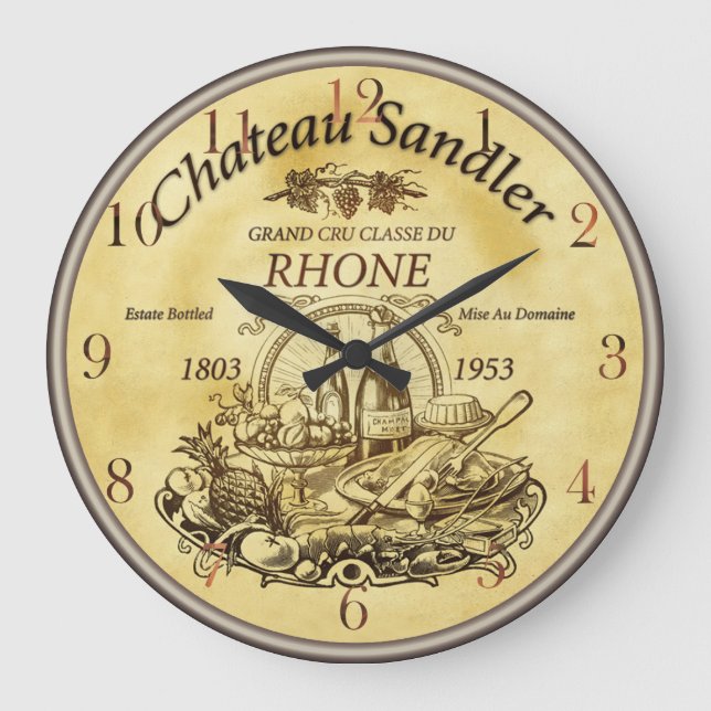 Französisches Vintages Weinetikett Große Wanduhr (Vorderseite)