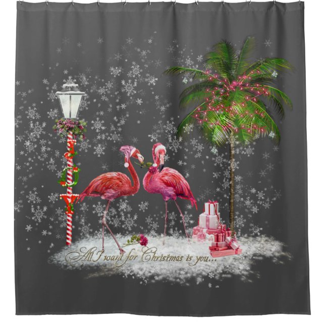 Frase de Natal Com Casal de Flamingos Duschvorhang (Vorderseite)