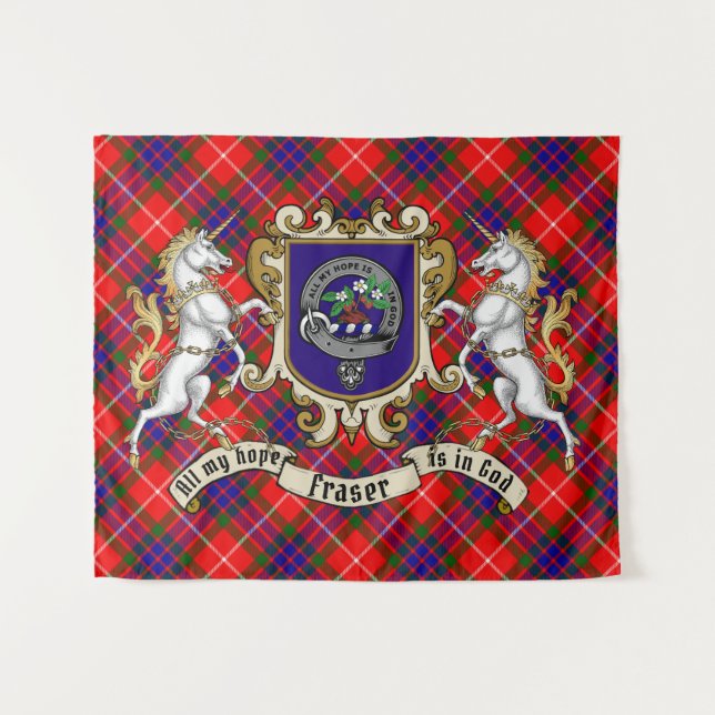 Fraser Clan Abzeichen & Unicorns mit Tartan Wandteppich (Vorderseite (Horizontal))