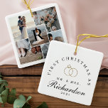 Frau 5 Foto Collage Erstes Weihnachtsmongramm Keramikornament<br><div class="desc">Schöne minimale Monogramm 5 Foto Collage Mr & Mrs. Unser schöner Mr. & Mrs. First Weihnachtsschmuck bietet ein 5 Foto Collage Layout für Sie, fünf Ihrer Lieblings-Hochzeit Foto-Erinnerungen hinzuzufügen. Passen Sie Ihre Monografie an, indem Sie sie in der Mitte platzieren. Auf der anderen Seite stehen die Worte "Erste Weihnachten als...</div>