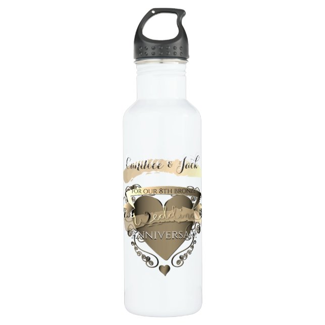 Frau "8th Bronze Wedding Anniversary" 3DHeartEmble Edelstahlflasche (Vorderseite)