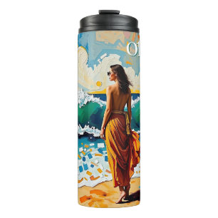 Frau am Strand Abstrakte Meer Kunst Personalisiert Thermosbecher