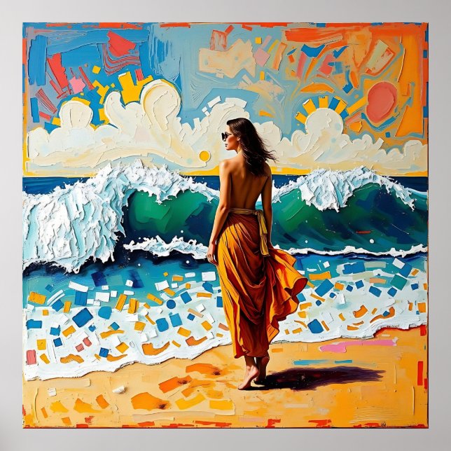 Frau am Strand Abstrakte Meer Kunst  Poster (Vorne)