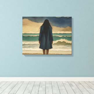 Frau am Strand mit Blick aufs Meer Leinwanddruck
