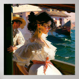Frau an Bord eines Schiffes, das an einem sonnigen Poster