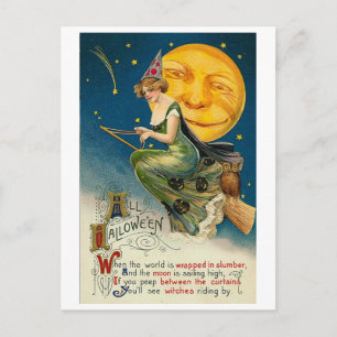 Frau auf Besenstiel den ganzen Halloween Postkarte