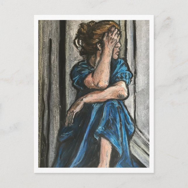 Frau auf blauer Postkarte (Vorderseite)