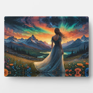 Frau auf dem Blumenfeld Sunrise über dem Bergsee Fotoplatte