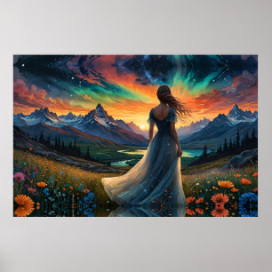 Frau auf dem Blumenfeld Sunrise über dem Bergsee Poster