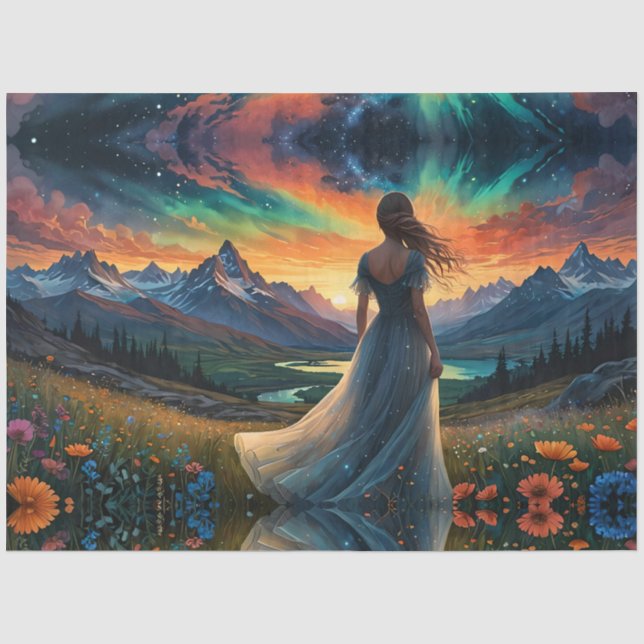 Frau auf dem Blumenfeld Sunrise über dem Bergsee Seidenpapier (Vorderseite)