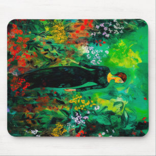 Frau auf der schönen grünen Wiese Mousepad