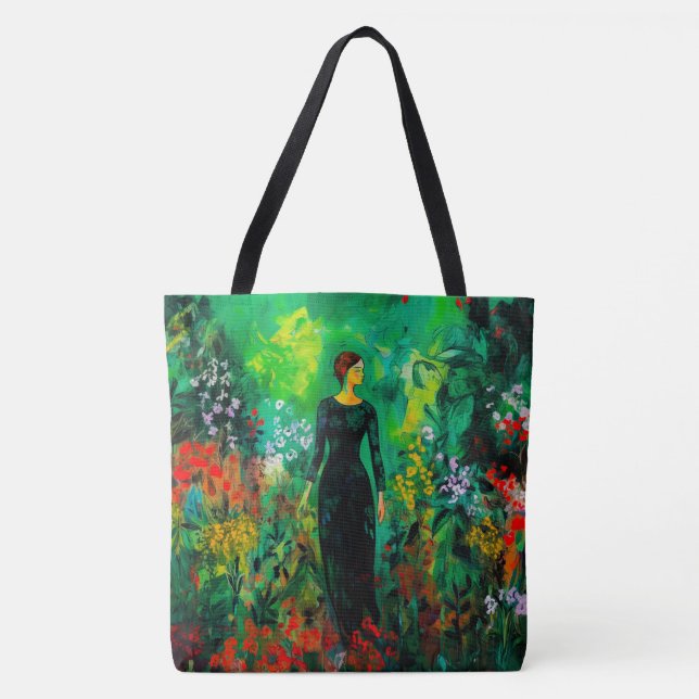 Frau auf der schönen grünen Wiese Tasche (Vorderseite)