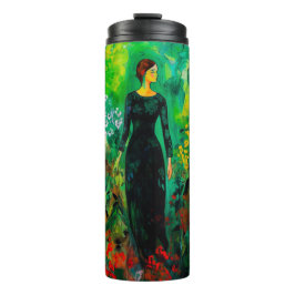 Frau auf der schönen grünen Wiese Thermosbecher