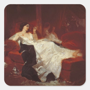 Frau auf einem roten Sofa Quadratischer Aufkleber