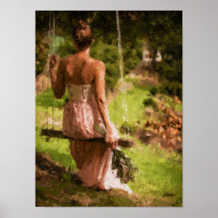 Frau auf einer Schaukel mit Blumen Poster