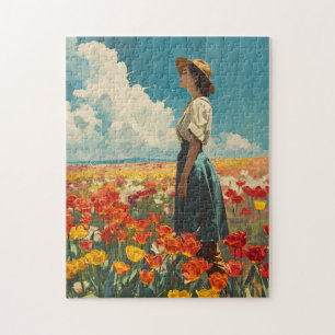 Frau auf farbenfrohem Tulpenfeld Vintage