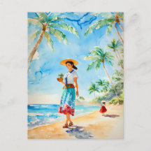 Frau auf Hawaii Beach Wasserfarbe, Vintag
