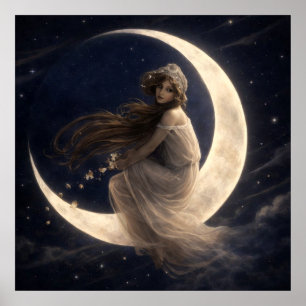 Frau auf zunehmendem Mond mit Blumen Poster