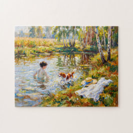 Frau badet im Teich mit Cavalier Spaniel