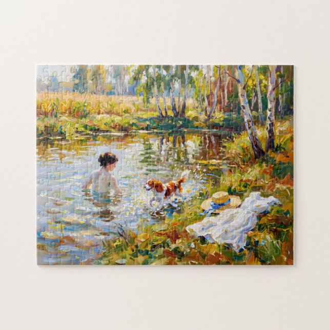Frau badet im Teich mit Cavalier Spaniel (Horizontal)