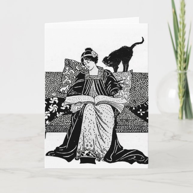 Frau beim Lesen mit einer schwarzen Katze Karte (Vorderseite)