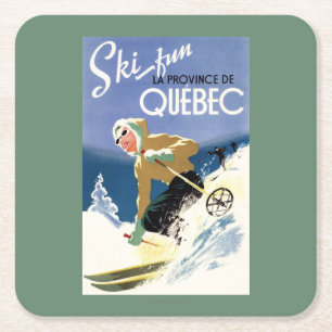 Frau beim Skifahren - Plakat auf Englisch und Fran Rechteckiger Pappuntersetzer