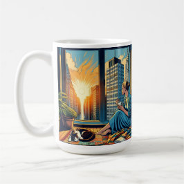 Frau beobachtet den Sonnenaufgang mit ihrer Katze Kaffeetasse