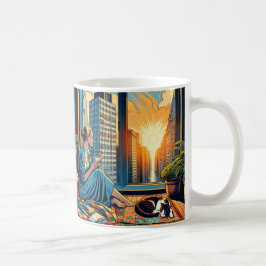 Frau beobachtet den Sonnenaufgang mit ihrer Katze Kaffeetasse