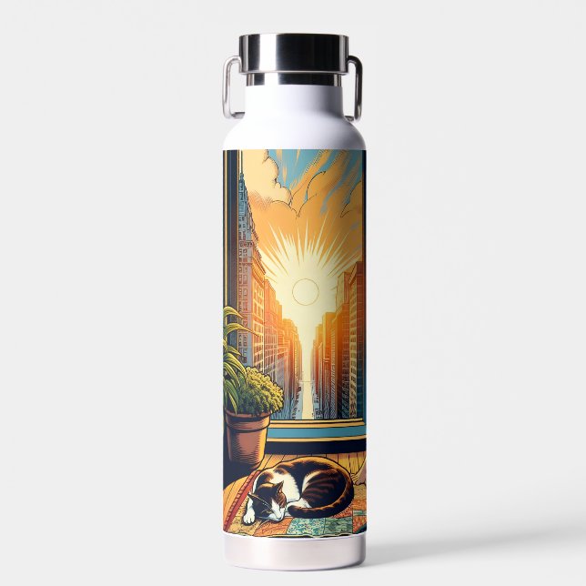 Frau beobachtet den Sonnenaufgang mit ihrer Katze Trinkflasche (Vorne)