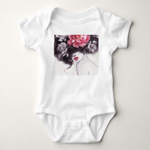 Frau Blumen, Mode Wasserfarben Hintergrund. Baby Strampler