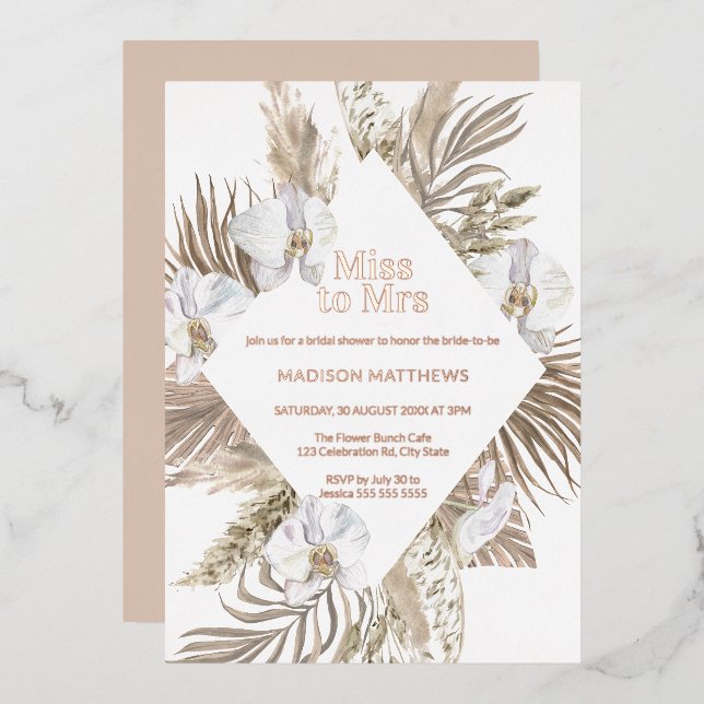 Frau Boho Floral Brautparty Rose Gold F Folieneinladung (Vorderseite/Rückseite)