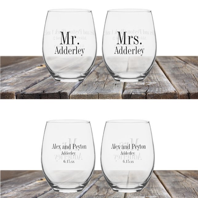 Frau Bride Groom Wedding maßgeschneidert Weinglas Ohne Stiel (Mr. and Mrs. wedding reception stemless wine glasses customized with your names)