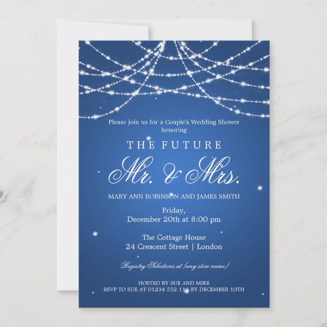 Frau Couples Shower Sparkling String Blue Einladung (Vorderseite)