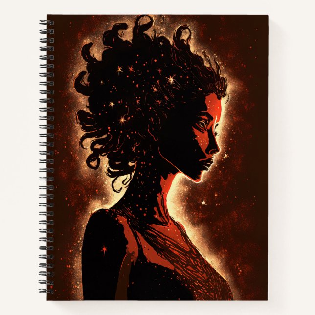 Frau der Sterne, rot und braun, große Softcover Notizbuch (Vorderseite)