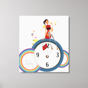 Frau, die auf einer Uhr sitzt und eine Teeschale Leinwanddruck