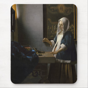 Frau, die eine Balance durch Johannes Vermeer häl Mousepad