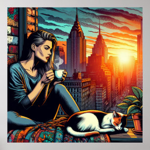 Frau, die in einem Stadtfenster mit Katze und Kaff Poster